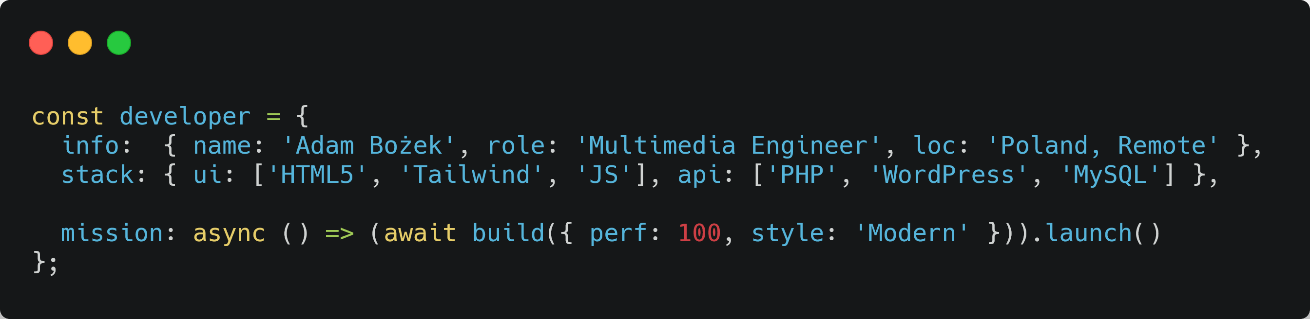 Fragment kodu JavaScript przedstawiający profil developera Adama Bożka